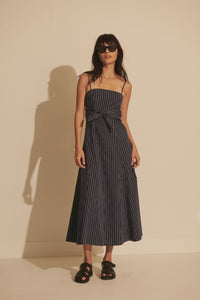 Zandra Tie Front Dress - Dark Navy Stripe