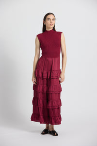 Klea Mixed Media Multi Tiered Dress - Carmine