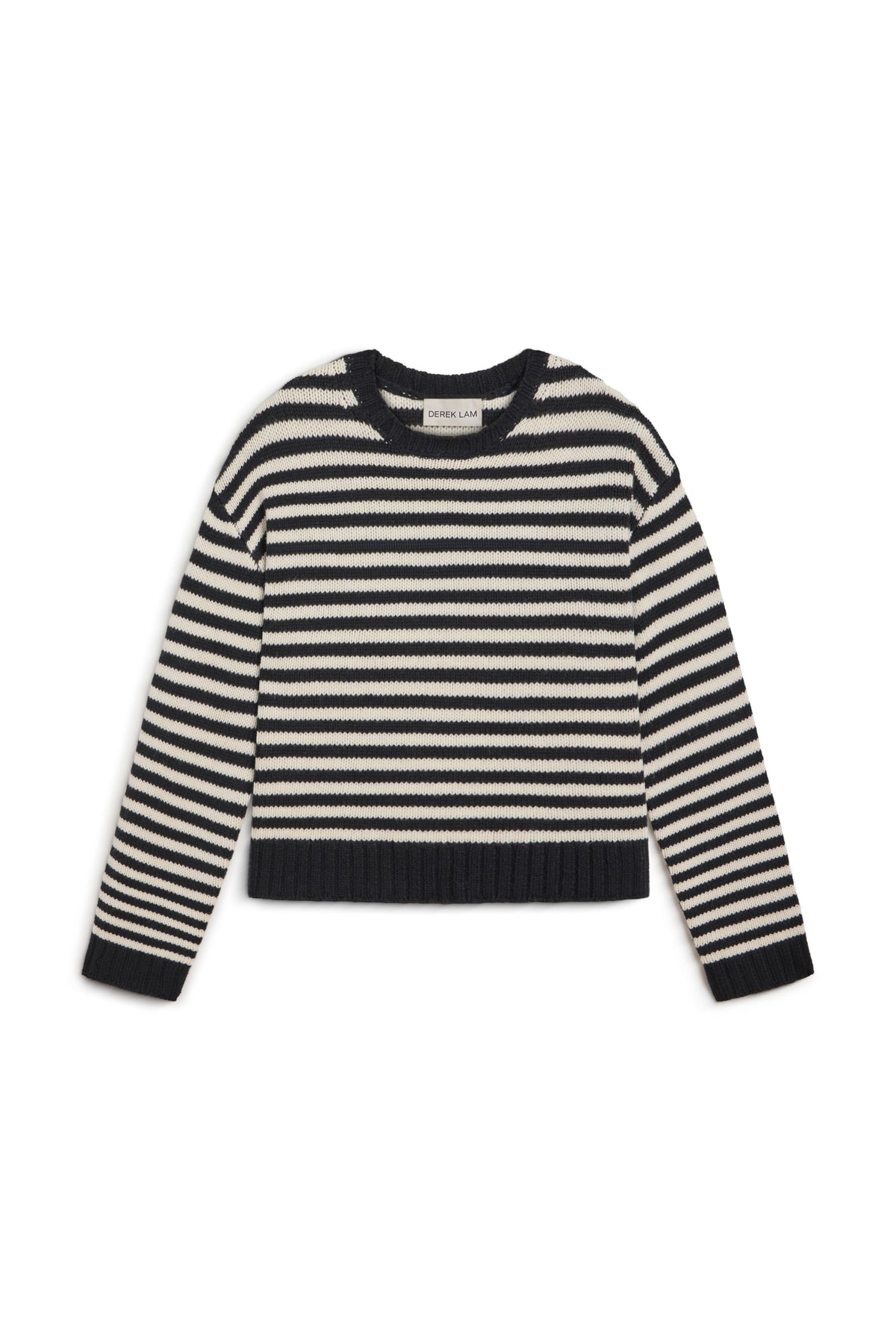 A cropped knit sweater with horizontal black and off-white stripes, featuring long sleeves and ribbed cuffs and hem, displayed on a clean white background.