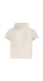 A cream-colored short-sleeve knit mock neck top, displayed on a solid white background.
