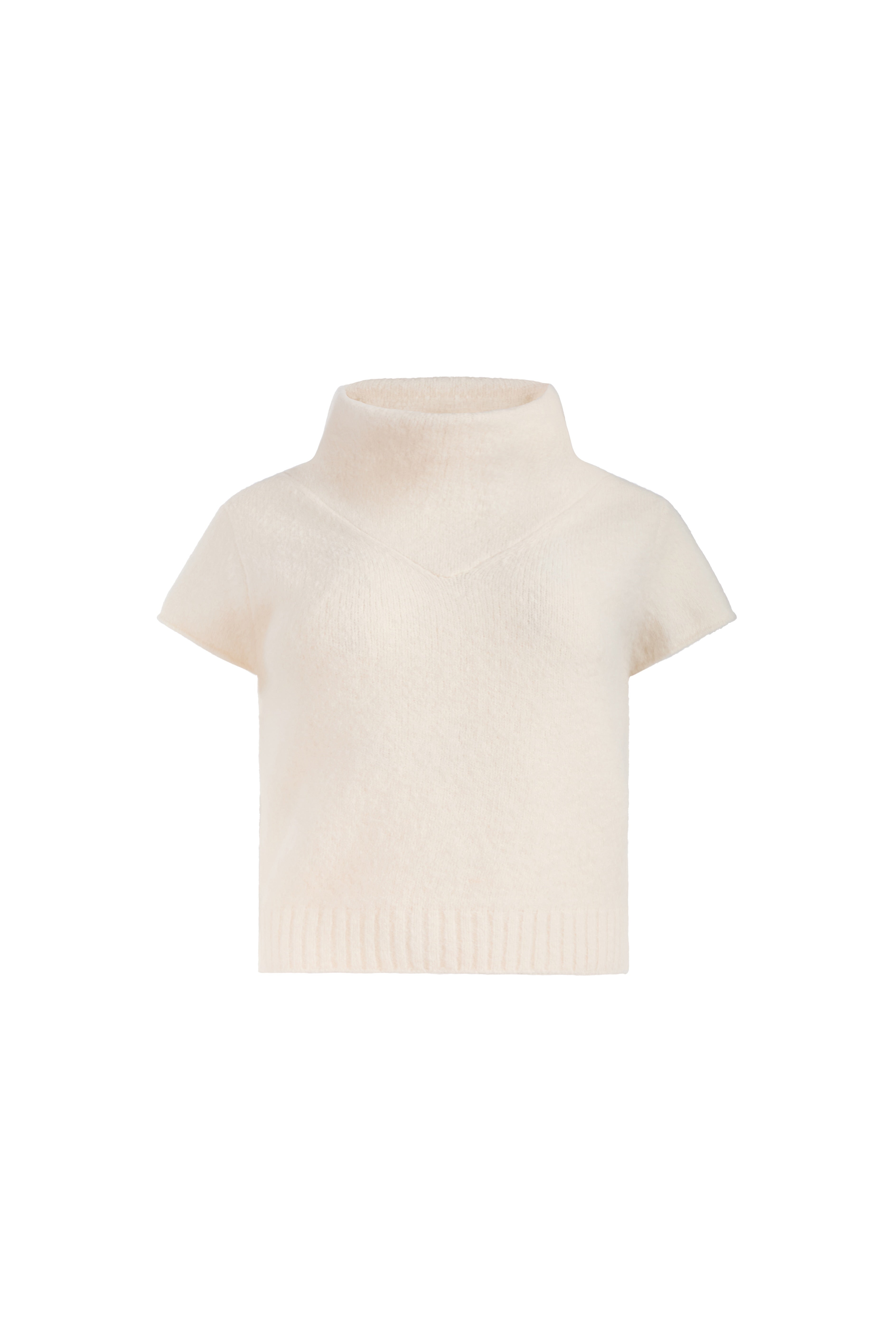 A cream-colored short-sleeve knit mock neck top, displayed on a solid white background.