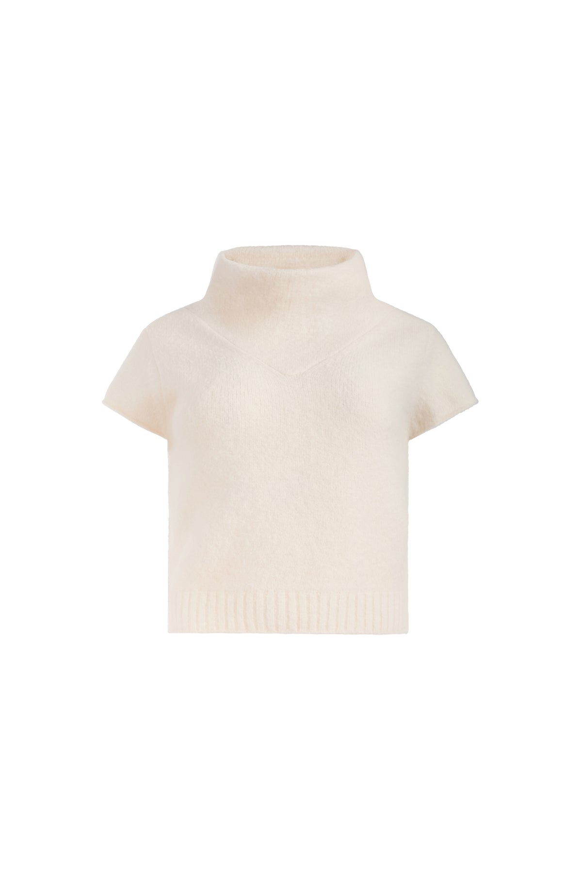 A cream-colored short-sleeve knit mock neck top, displayed on a solid white background.