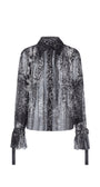 A sheer black and gray patterned blouse with a high collar, long sleeves, and ruffled cuffs, shown against a plain white background.