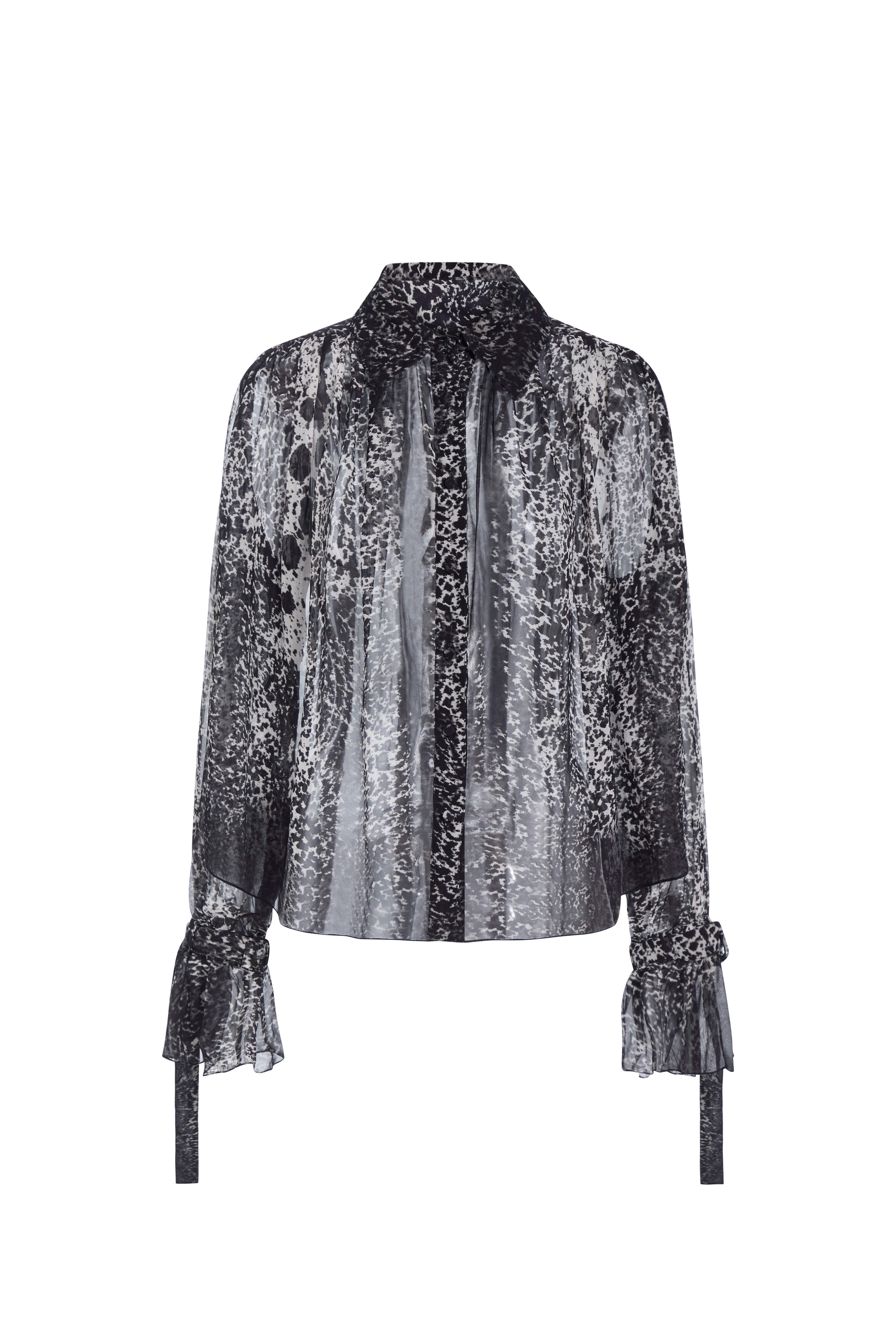 A sheer black and gray patterned blouse with a high collar, long sleeves, and ruffled cuffs, shown against a plain white background.