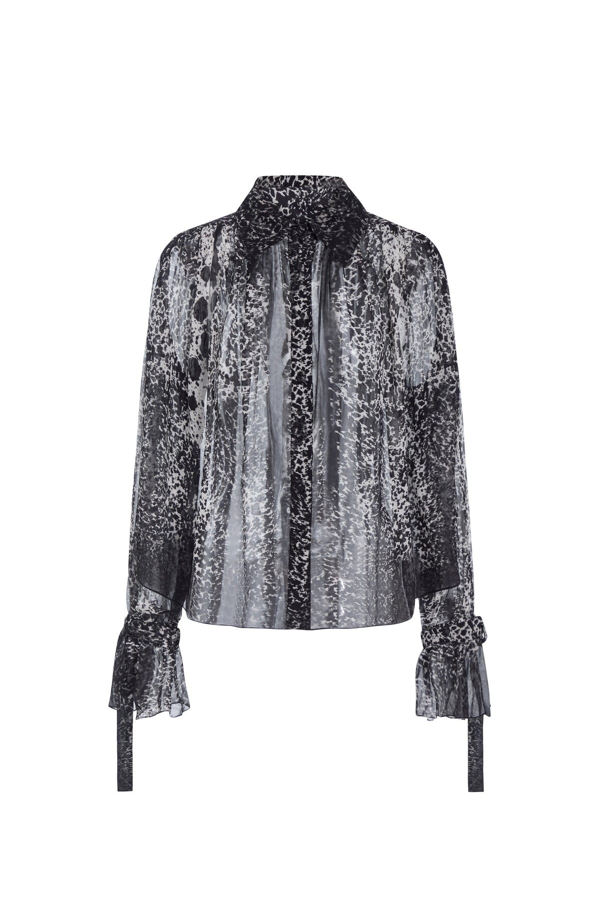 A sheer black and gray patterned blouse with a high collar, long sleeves, and ruffled cuffs, shown against a plain white background.