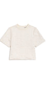 An off-white short-sleeve crop top with a textured, raised floral lace pattern, shown flat on a white background.