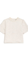 An off-white short-sleeve crop top with a textured, raised floral lace pattern, shown flat on a white background.