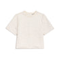 An off-white short-sleeve crop top with a textured, raised floral lace pattern, shown flat on a white background.