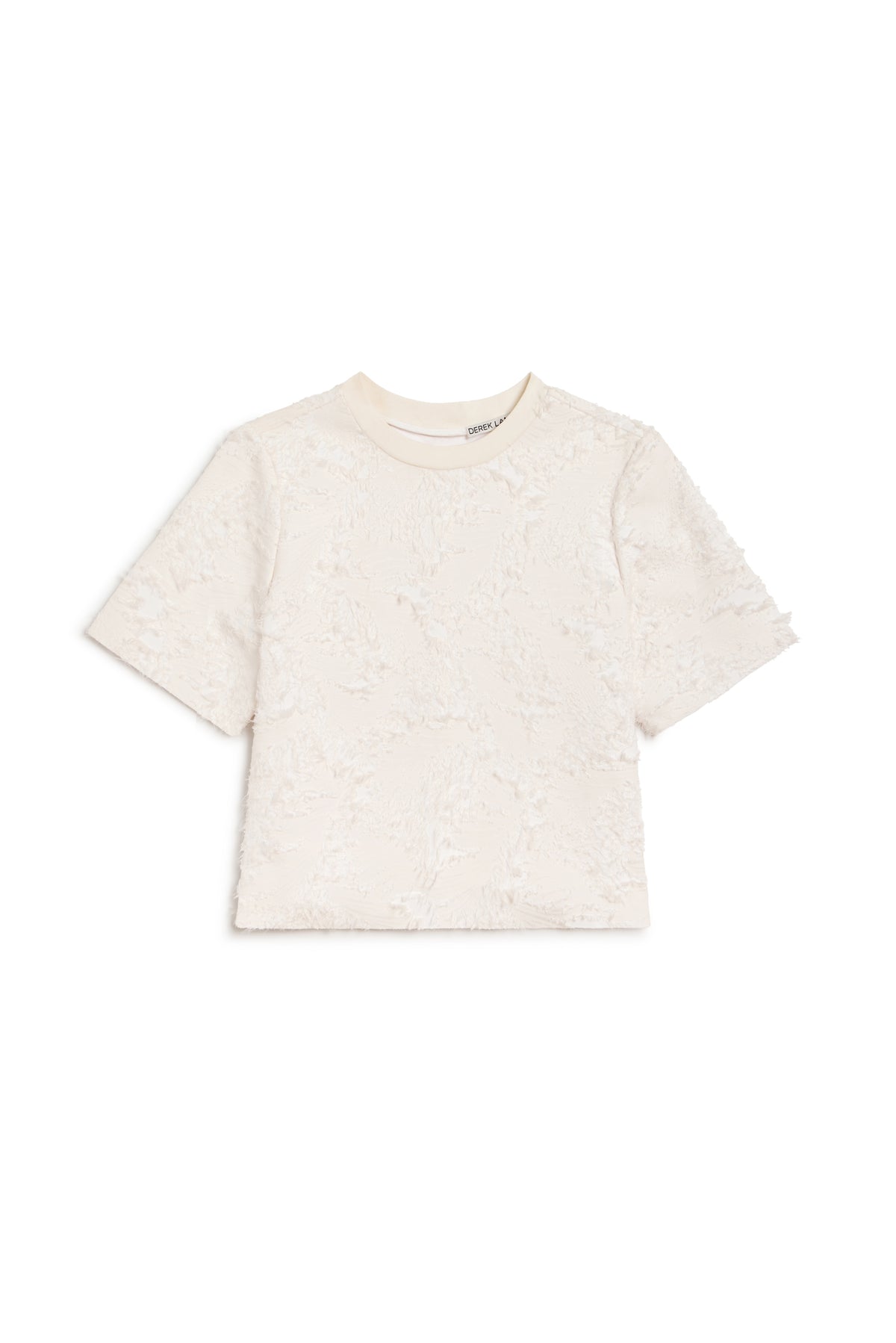 An off-white short-sleeve crop top with a textured, raised floral lace pattern, shown flat on a white background.
