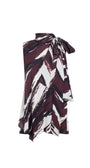 A sleeveless wrap-style top with a high collar and side tie, featuring an abstract brushstroke chevron pattern in burgundy, white, and black, shown against a plain white background.