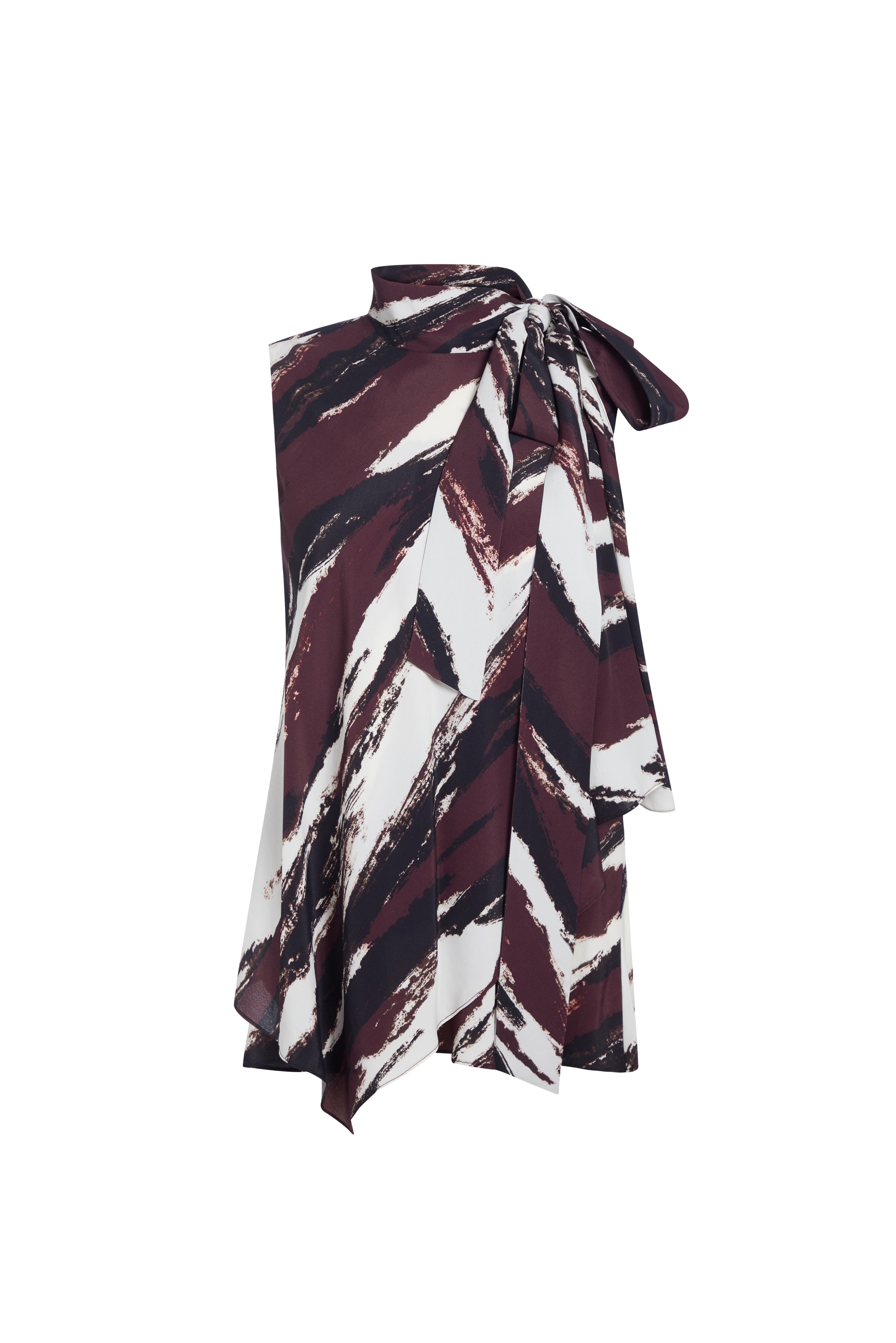 A sleeveless wrap-style top with a high collar and side tie, featuring an abstract brushstroke chevron pattern in burgundy, white, and black, shown against a plain white background.