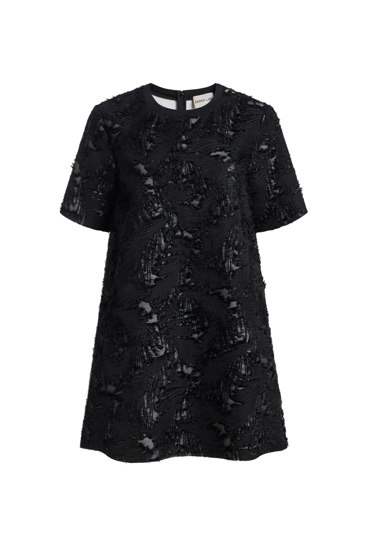 A black short-sleeve tunic dress with a textured, distressed lace-like pattern, shown against a plain white background.