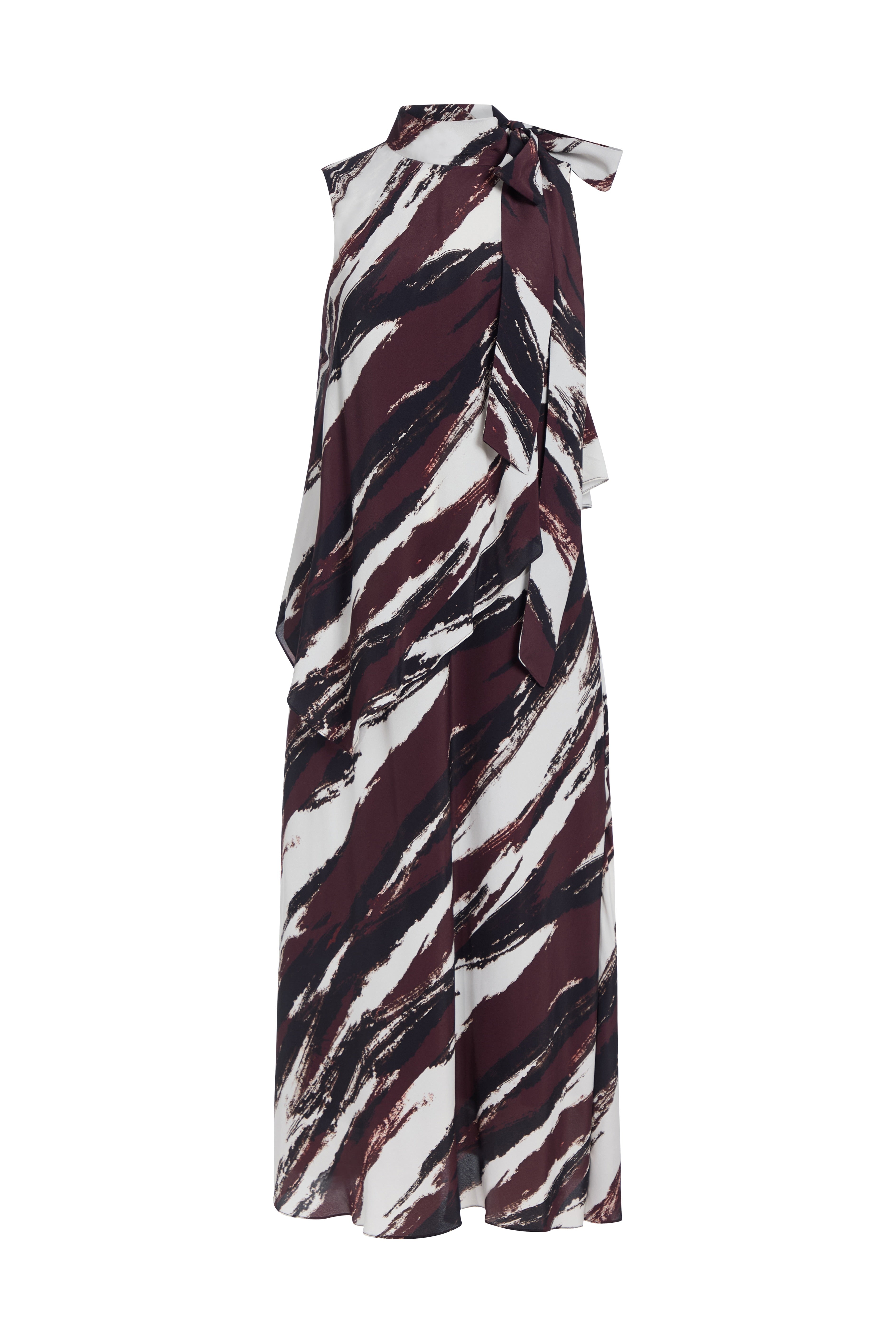 A sleeveless maxi dress with a high collar and side tie, featuring an abstract brushstroke pattern in burgundy, black, and white.