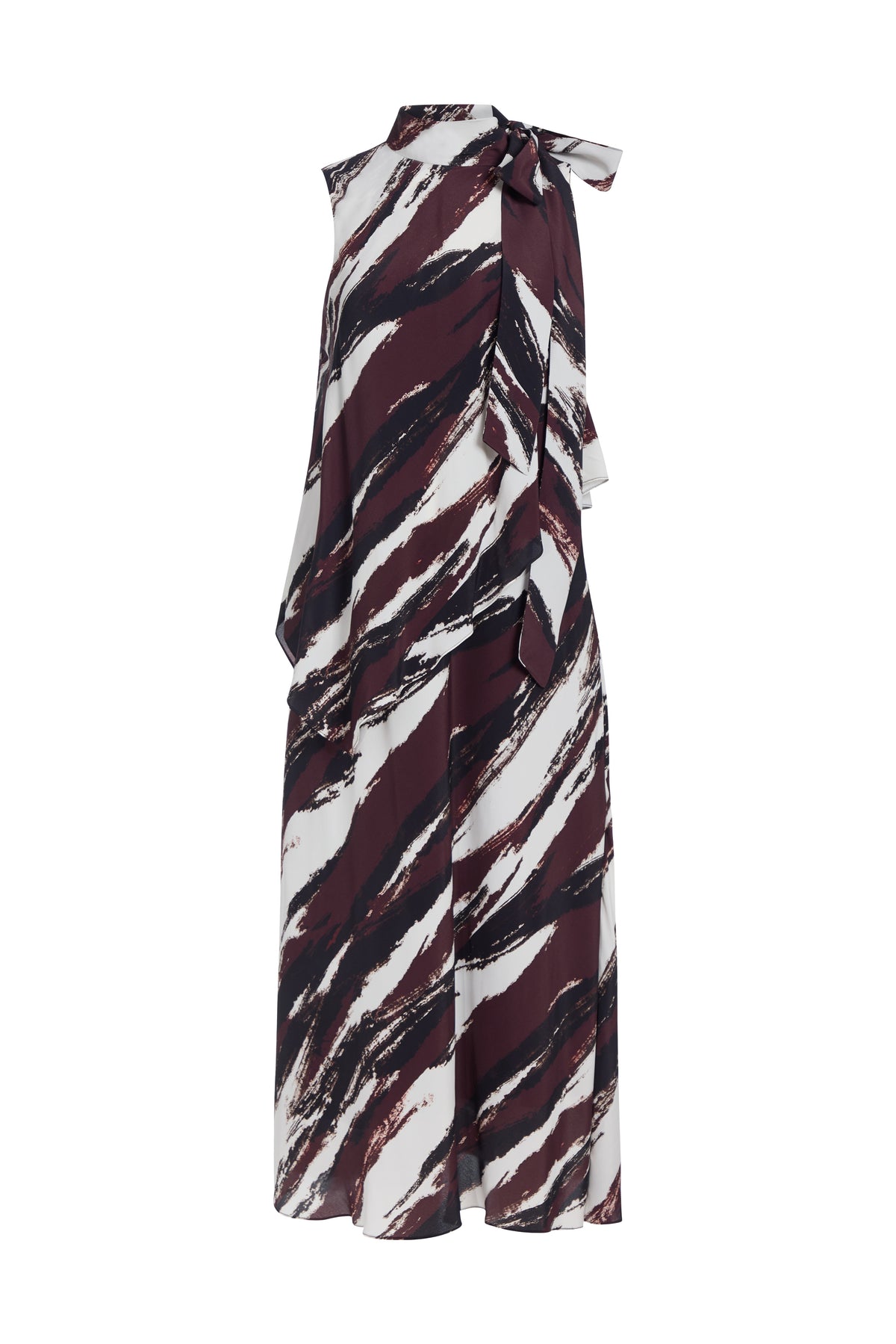 A sleeveless maxi dress with a high collar and side tie, featuring an abstract brushstroke pattern in burgundy, black, and white.