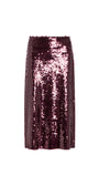 A high-waisted, straight-leg midi skirt covered in shimmering rose gold sequins, shown against a plain white background.