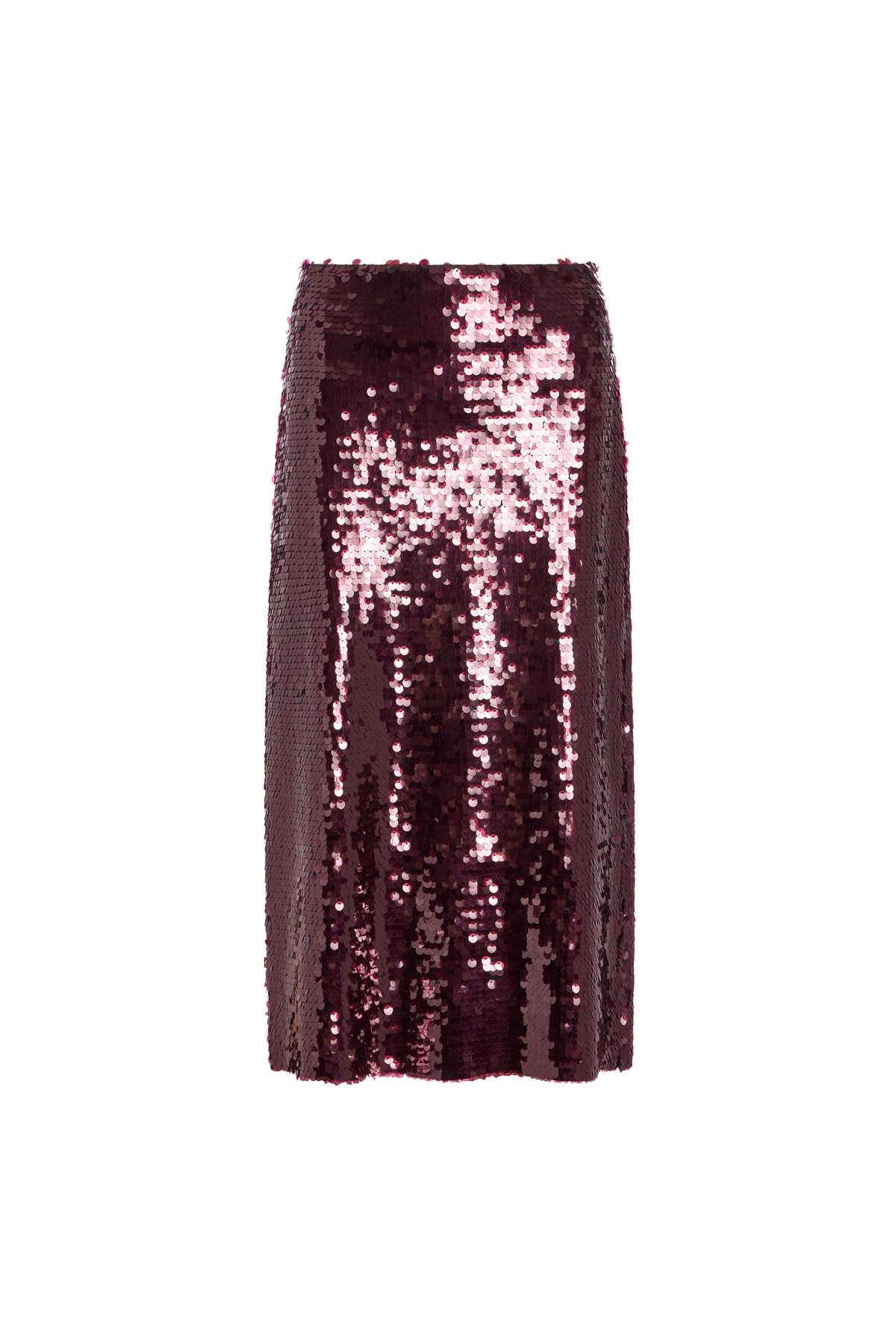 A high-waisted, straight-leg midi skirt covered in shimmering rose gold sequins, shown against a plain white background.