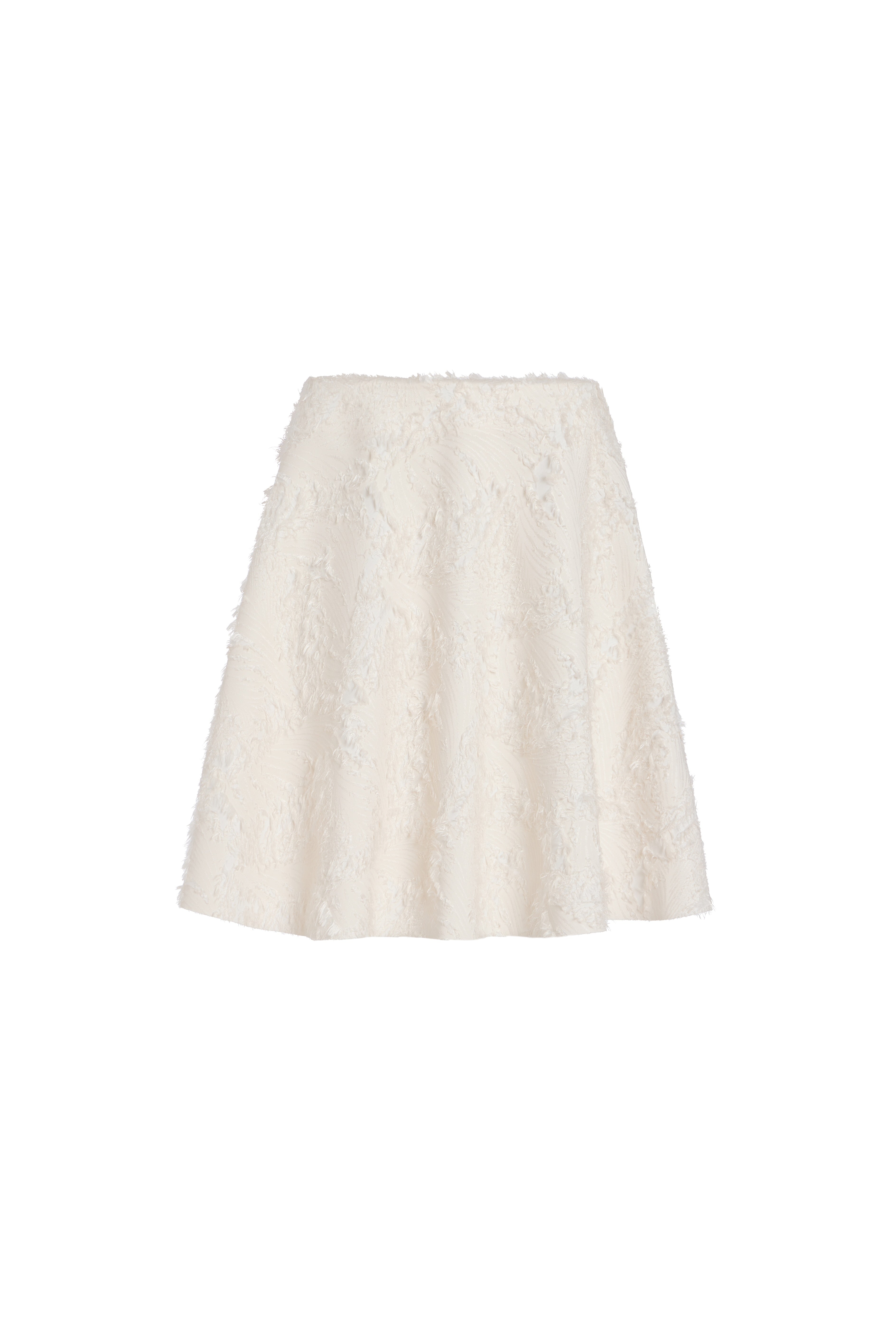 An off-white textured lace A-line skirt with a flared silhouette, shown against a plain white background.