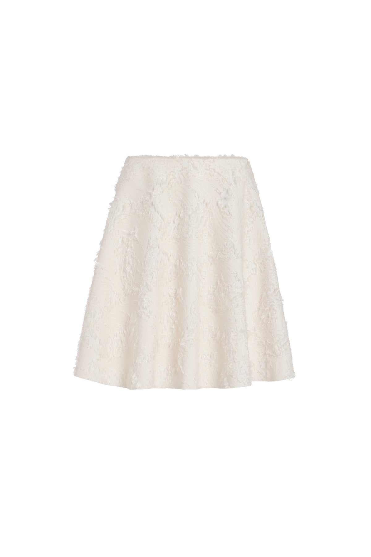 An off-white textured lace A-line skirt with a flared silhouette, shown against a plain white background.
