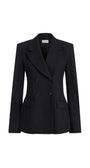 A black double-breasted blazer with a notched lapel and flap pockets, shown on a plain white background.