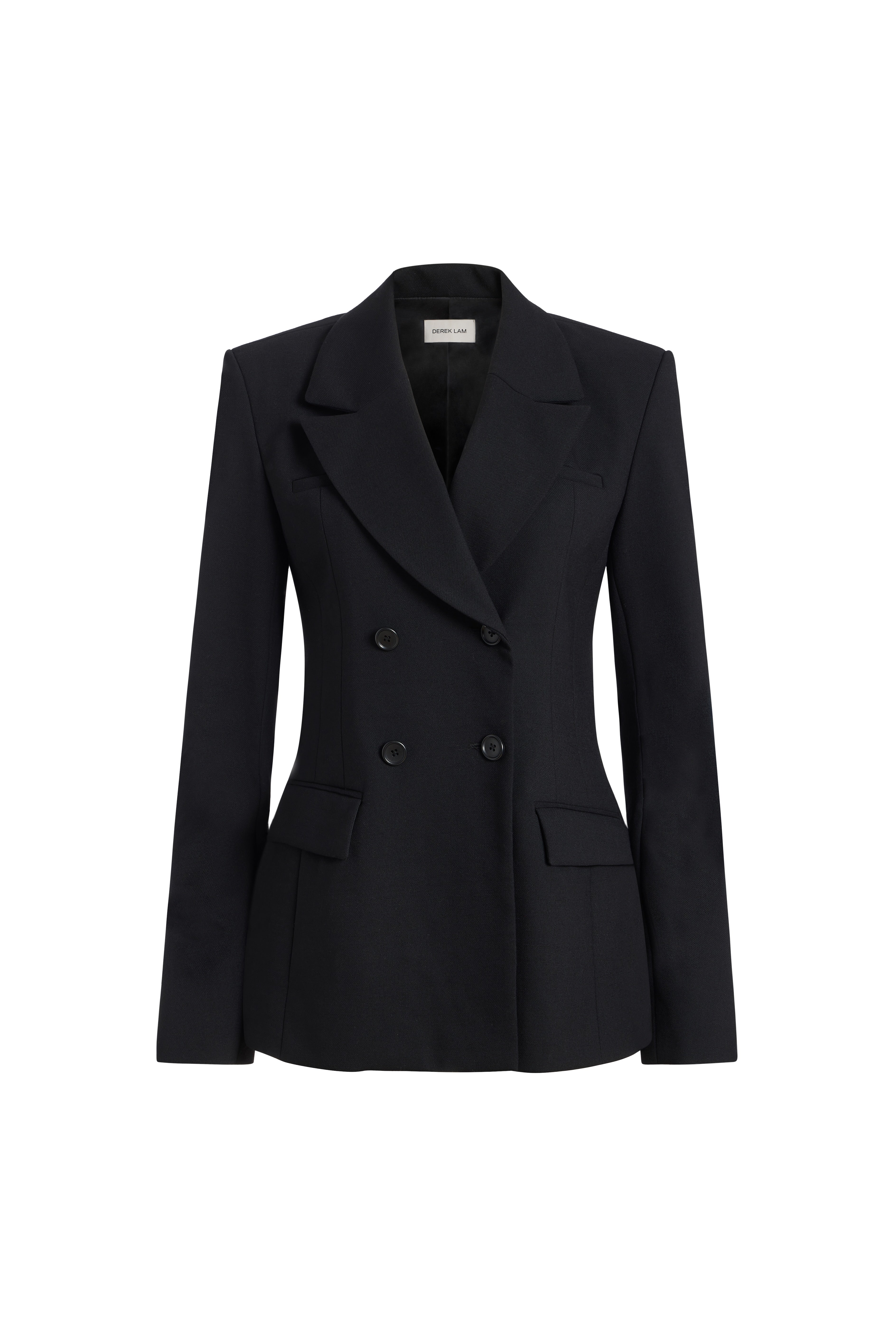 A black double-breasted blazer with a notched lapel and flap pockets, shown on a plain white background.