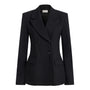 A black double-breasted blazer with a notched lapel and flap pockets, shown on a plain white background.