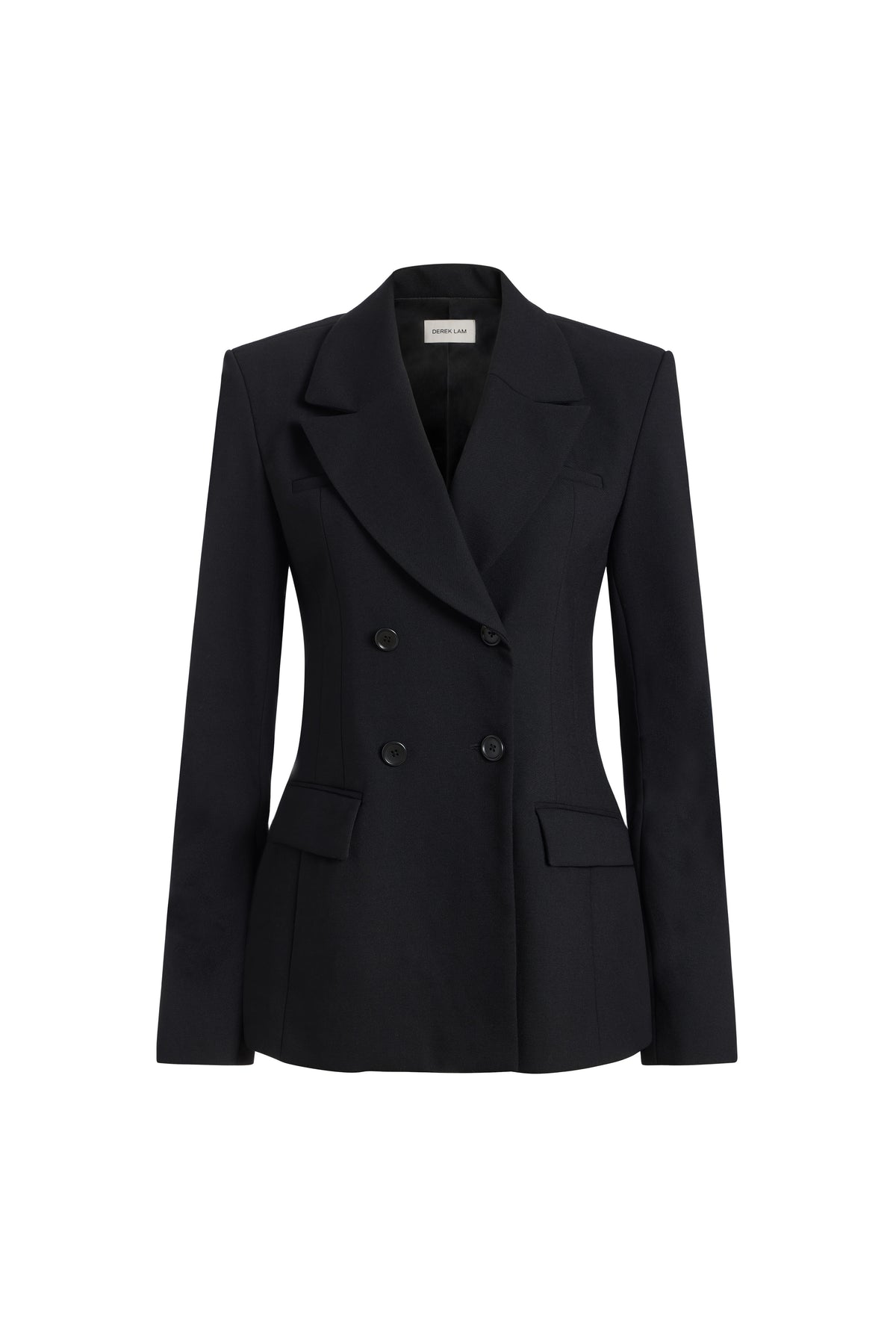 A black double-breasted blazer with a notched lapel and flap pockets, shown on a plain white background.