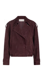 A dark burgundy suede cropped jacket with shoulder epaulets and a double-breasted front, shown flat against a plain white background.