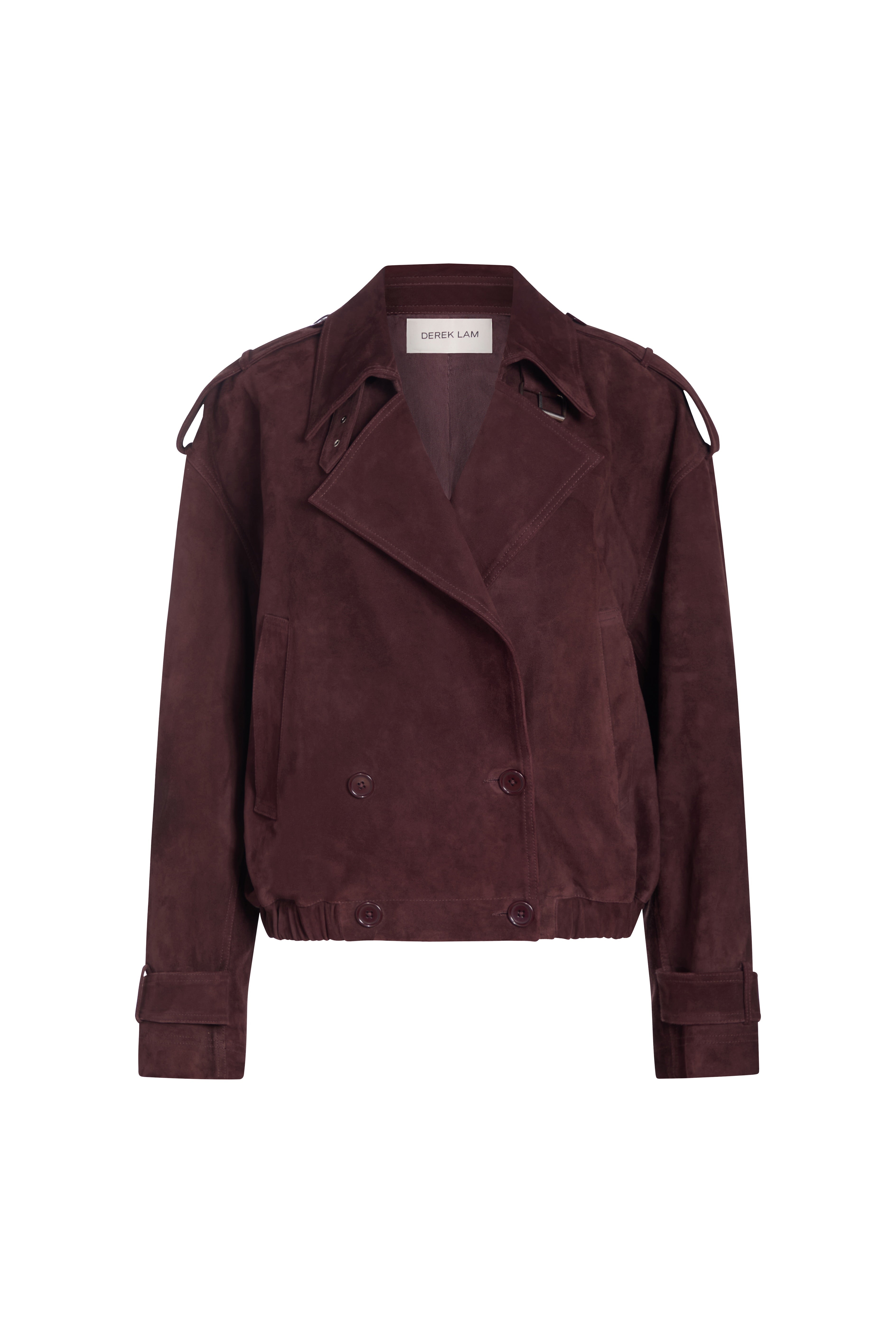 A dark burgundy suede cropped jacket with shoulder epaulets and a double-breasted front, shown flat against a plain white background.