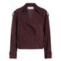 A dark burgundy suede cropped jacket with shoulder epaulets and a double-breasted front, shown flat against a plain white background.