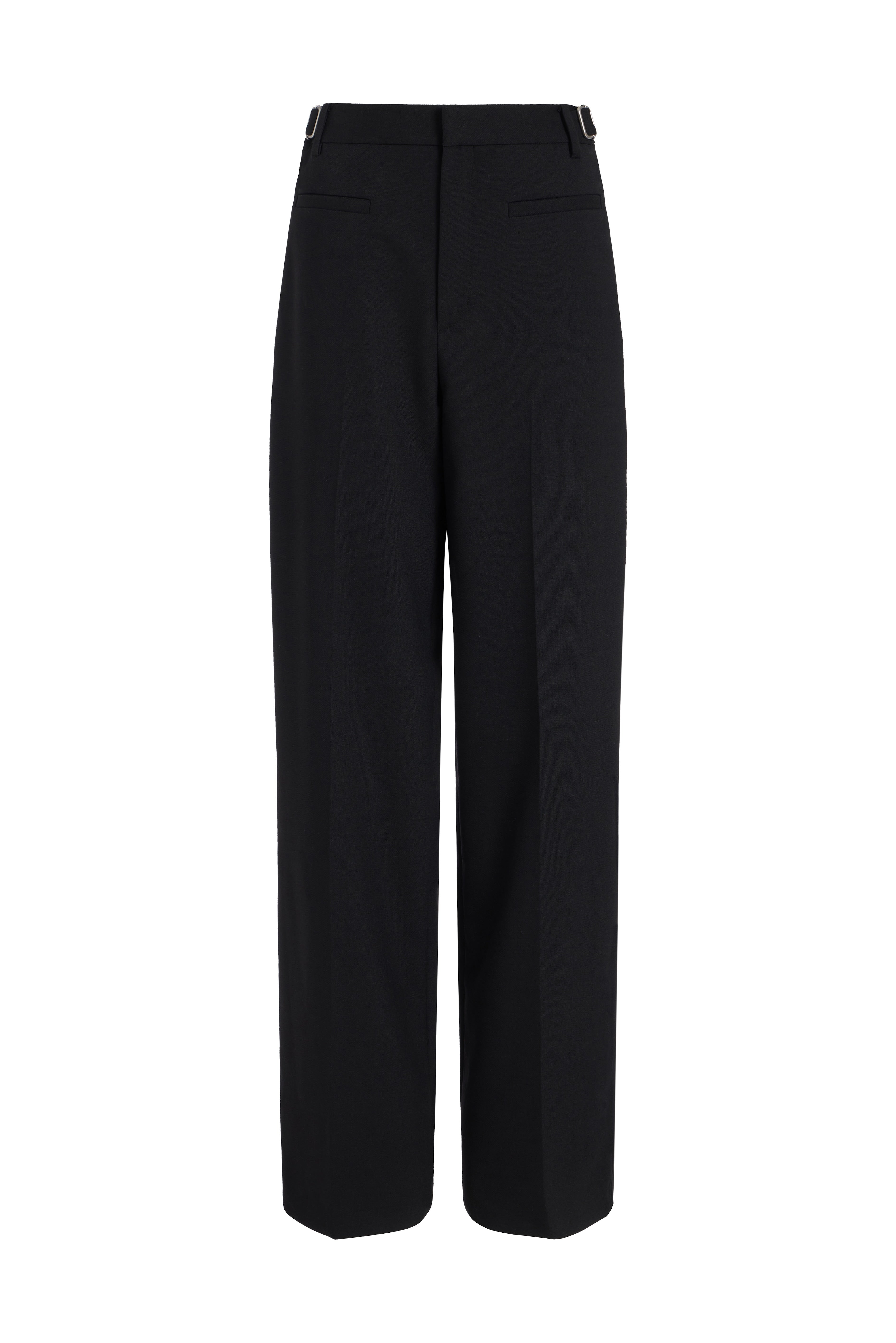 Black wide-leg cropped trousers shown flat against a solid white background.