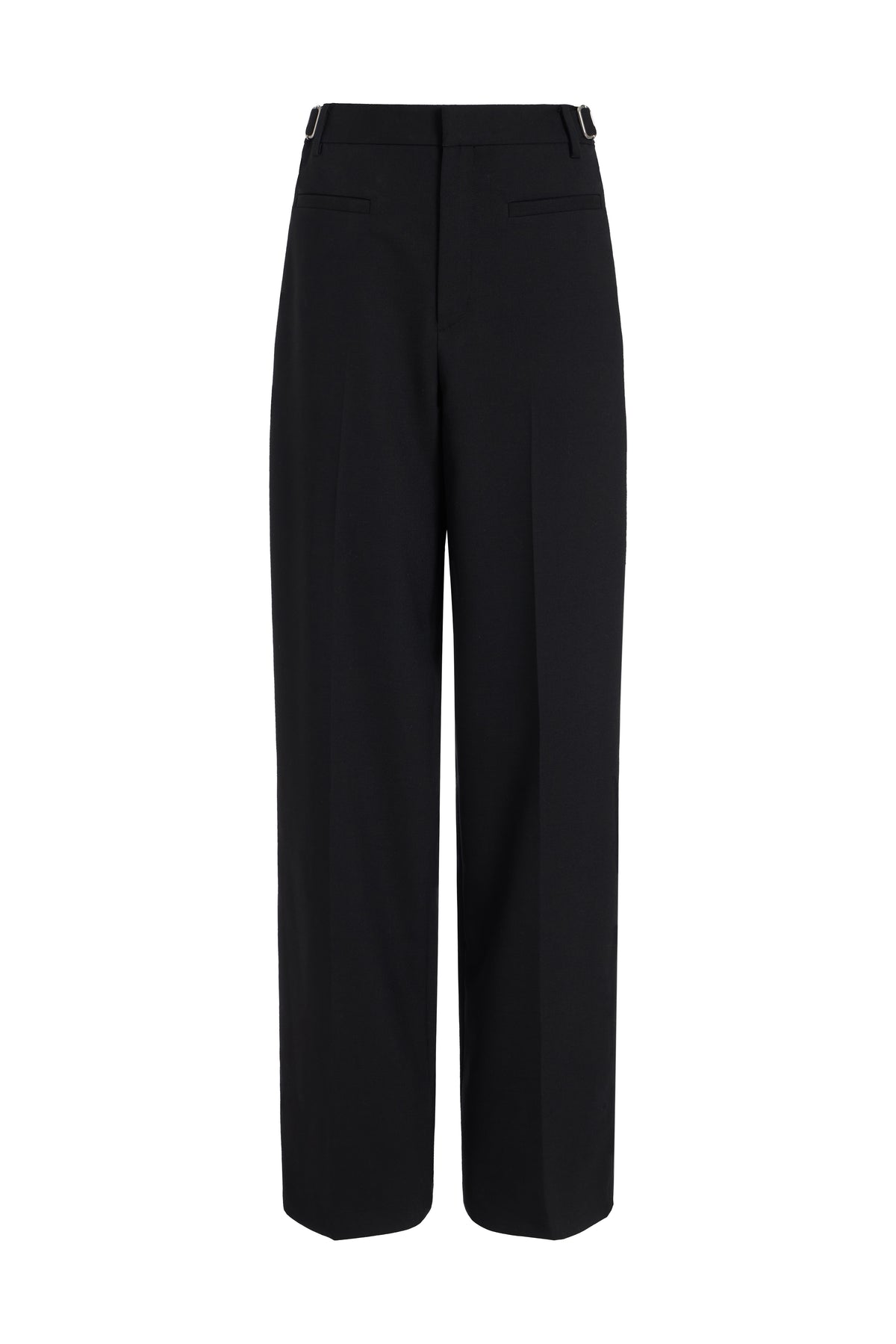 Black wide-leg cropped trousers shown flat against a solid white background.