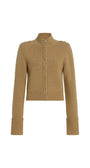 A cropped, long-sleeve knit cardigan in camel tan with a mock neck, button-front closure, and shoulder epaulets, shown on a plain white background.