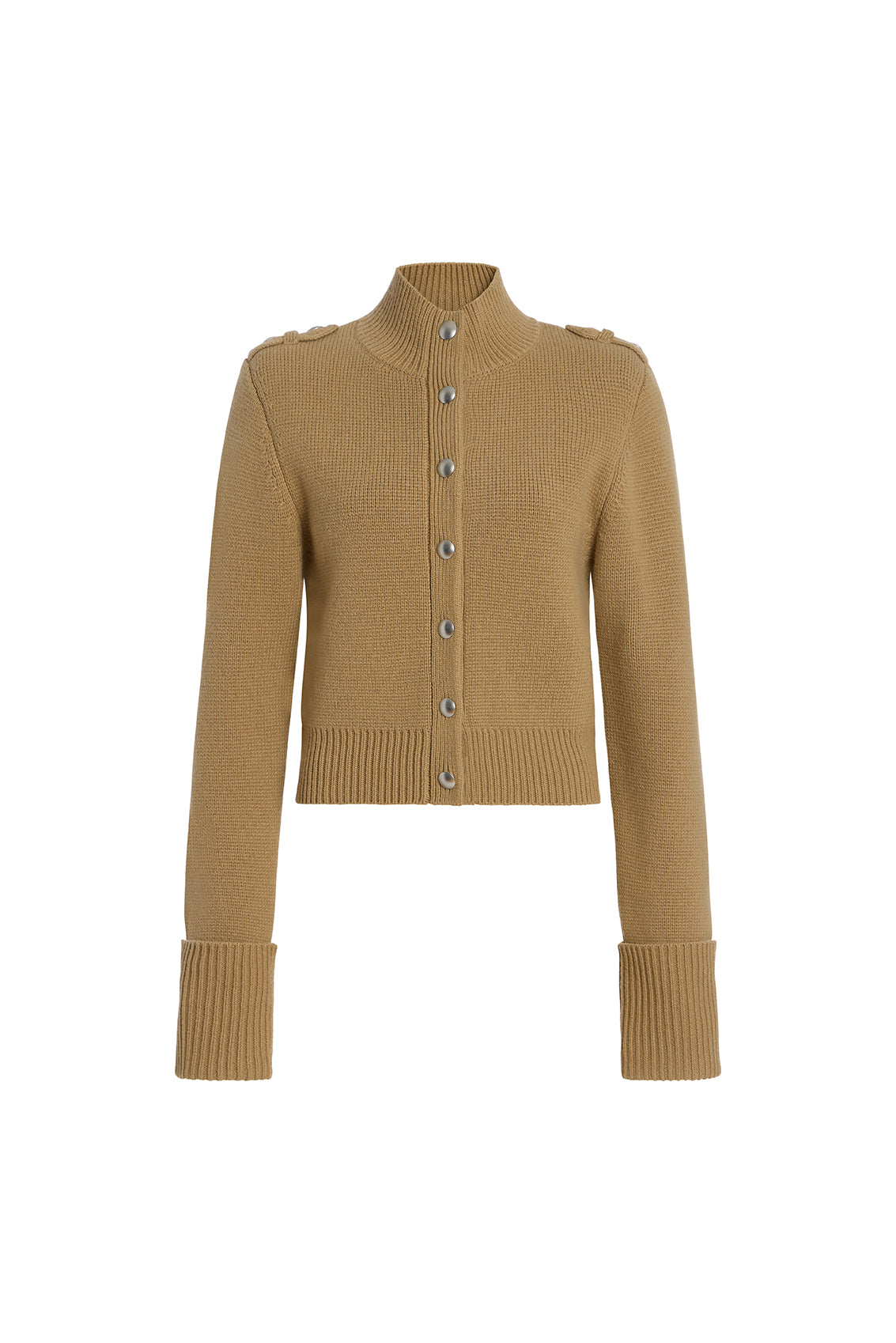 A cropped, long-sleeve knit cardigan in camel tan with a mock neck, button-front closure, and shoulder epaulets, shown on a plain white background.