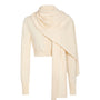 A cream-colored knit long-sleeve crop top with a draped wrap shawl, displayed on a clean white background.