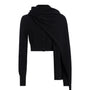 A black long-sleeve cropped cardigan with an asymmetrical draped wrap design, shown on a plain white background.