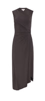A sleeveless dark brown midi dress with a draped wrap-style bodice and side slit, shown against a plain white background.