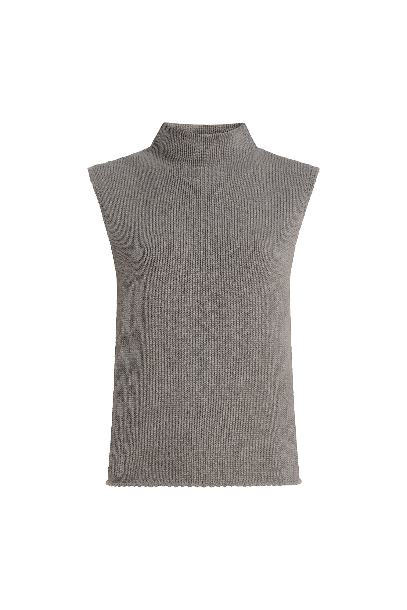 A sleeveless ribbed knit mock neck sweater vest in a solid taupe-gray color, shown flat against a white background.