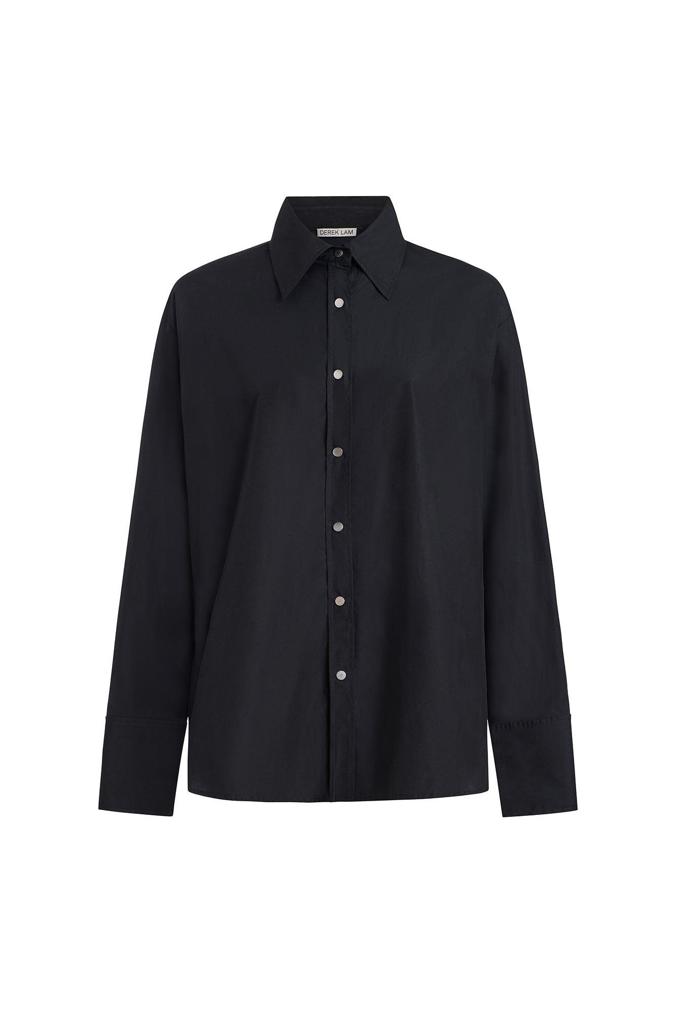 A black long-sleeve button-down shirt with a classic pointed collar and white buttons, displayed flat against a solid white background.