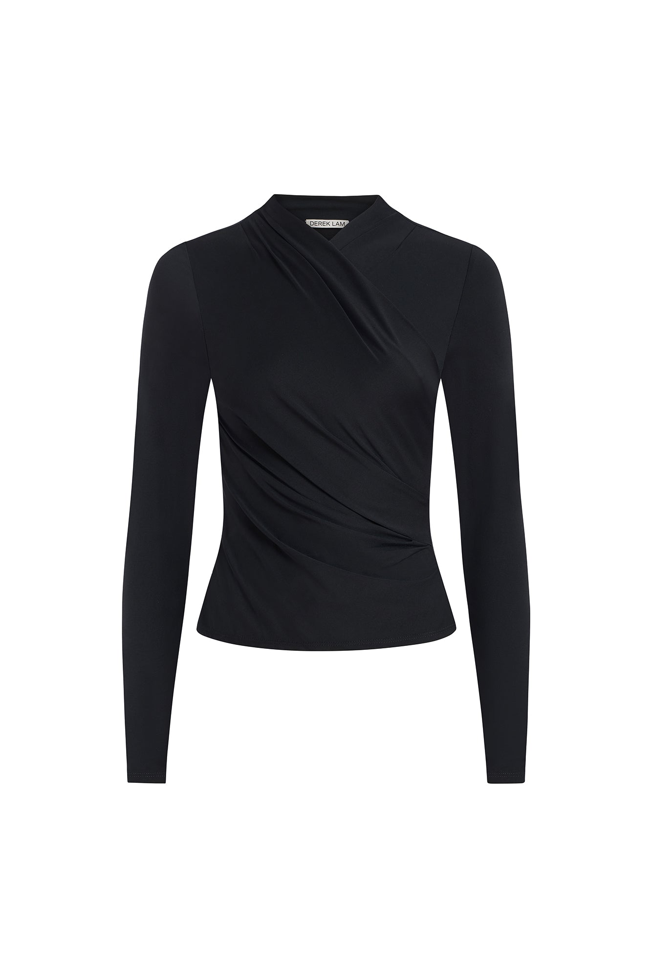 A black long-sleeve wrap-style top with a mock neck and draped front detail, shown against a plain white background.