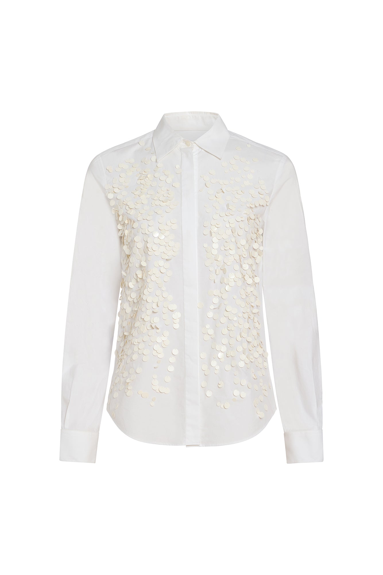 A white long-sleeve button-up shirt with intricate gold sequin and bead embellishments on the front panels, displayed flat against a white background.
