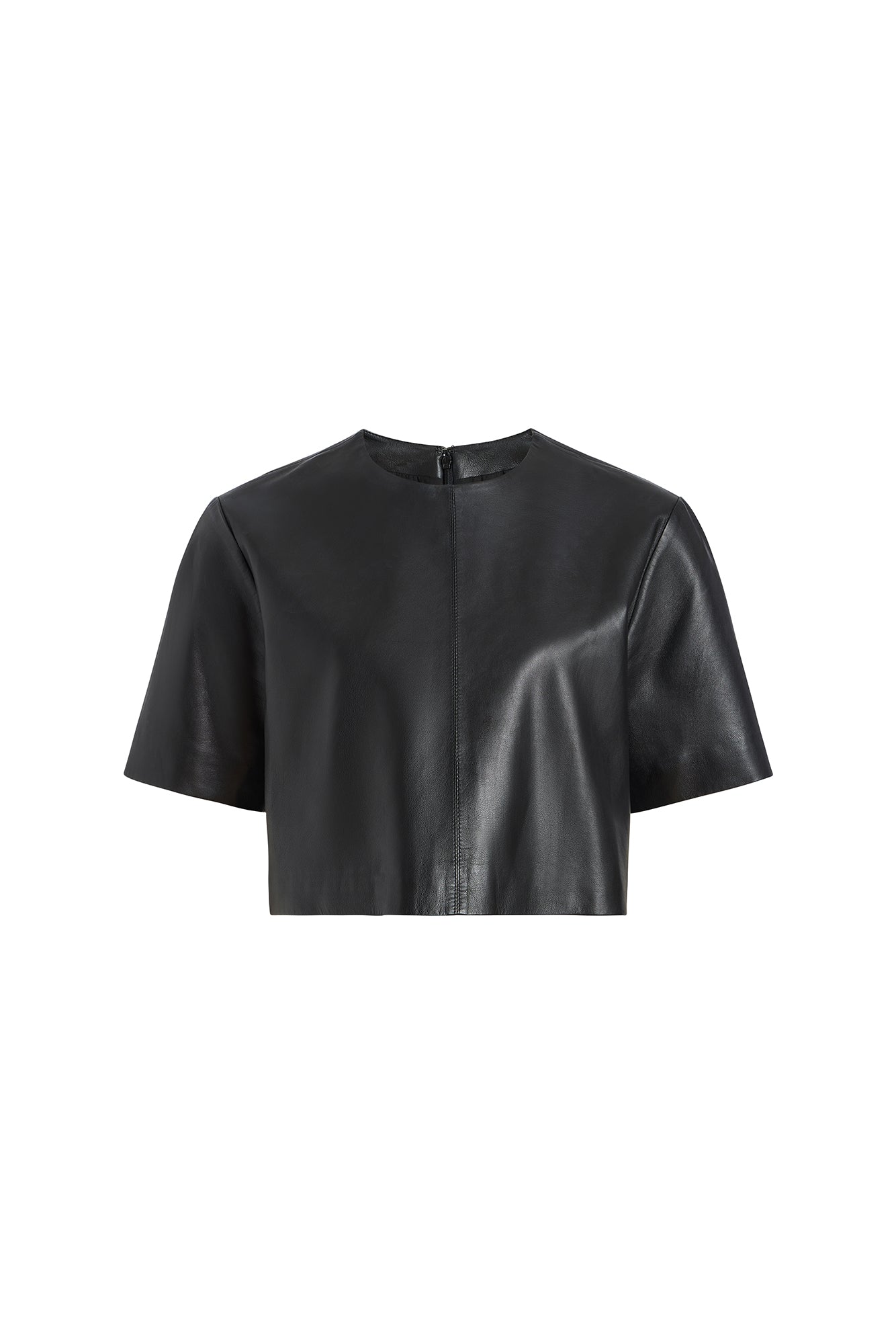 A black short-sleeve cropped jacket with a smooth leather-like finish, displayed flat against a solid white background.