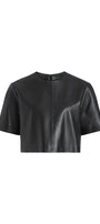 A black short-sleeve cropped jacket with a smooth leather-like finish, displayed flat against a solid white background.