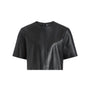 A black short-sleeve cropped jacket with a smooth leather-like finish, displayed flat against a solid white background.