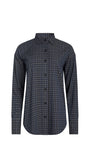 A long-sleeve button-up shirt with a dark gray and black plaid pattern, shown flat against a plain white background.