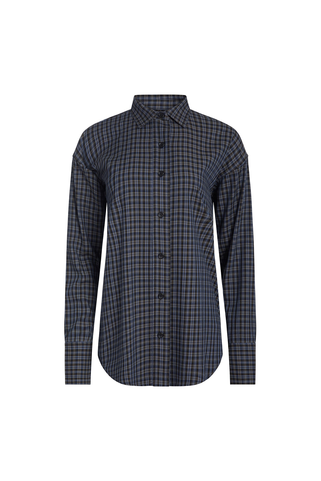 A long-sleeve button-up shirt with a dark gray and black plaid pattern, shown flat against a plain white background.