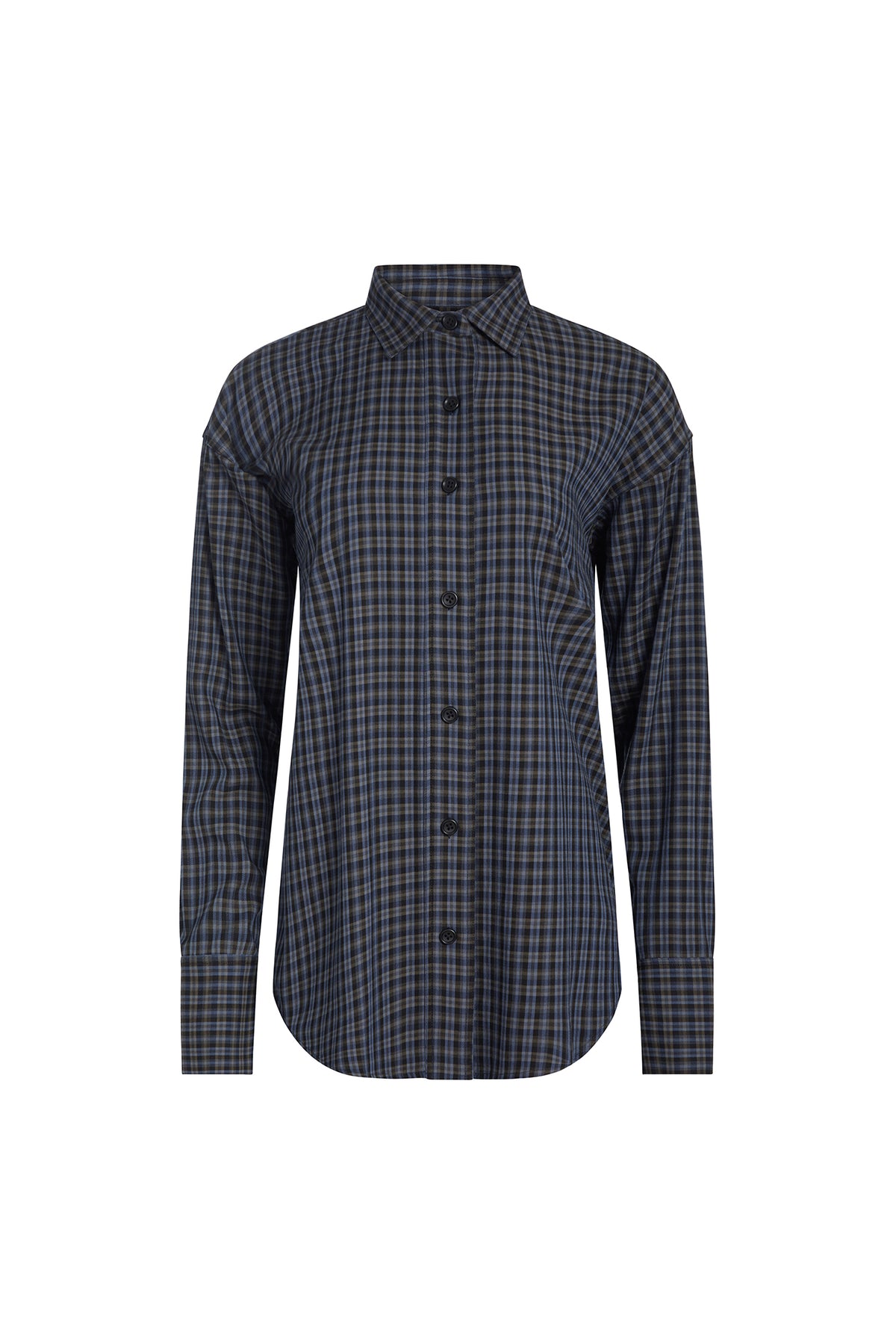 A long-sleeve button-up shirt with a dark gray and black plaid pattern, shown flat against a plain white background.
