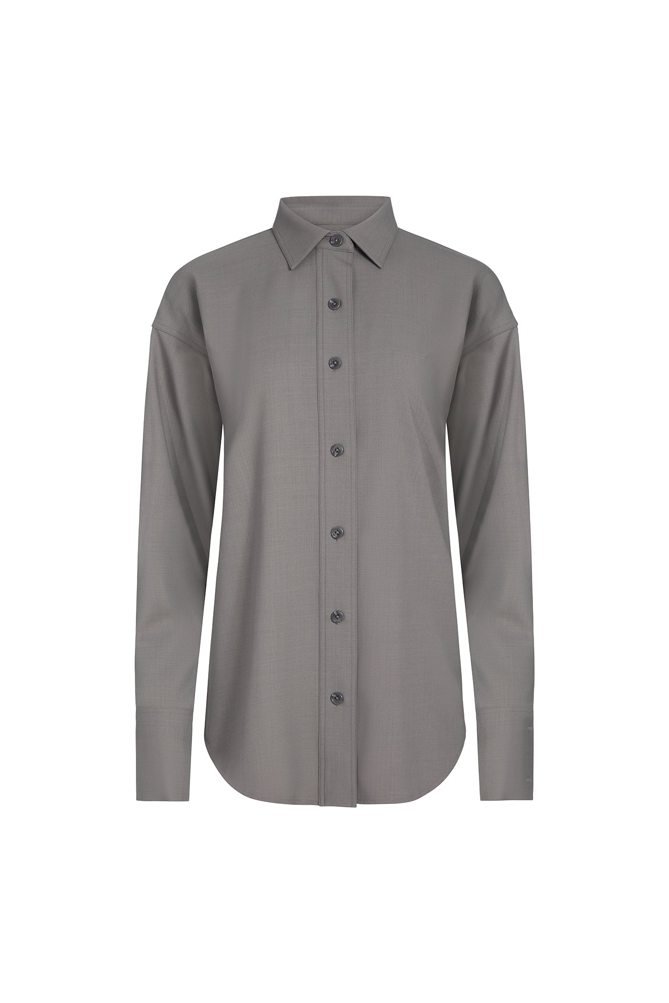 A long-sleeve button-down shirt in a solid medium gray color, laid flat against a clean white background.