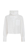 A white long-sleeve cropped button-up shirt with a high folded collar, shown flat against a solid white background.