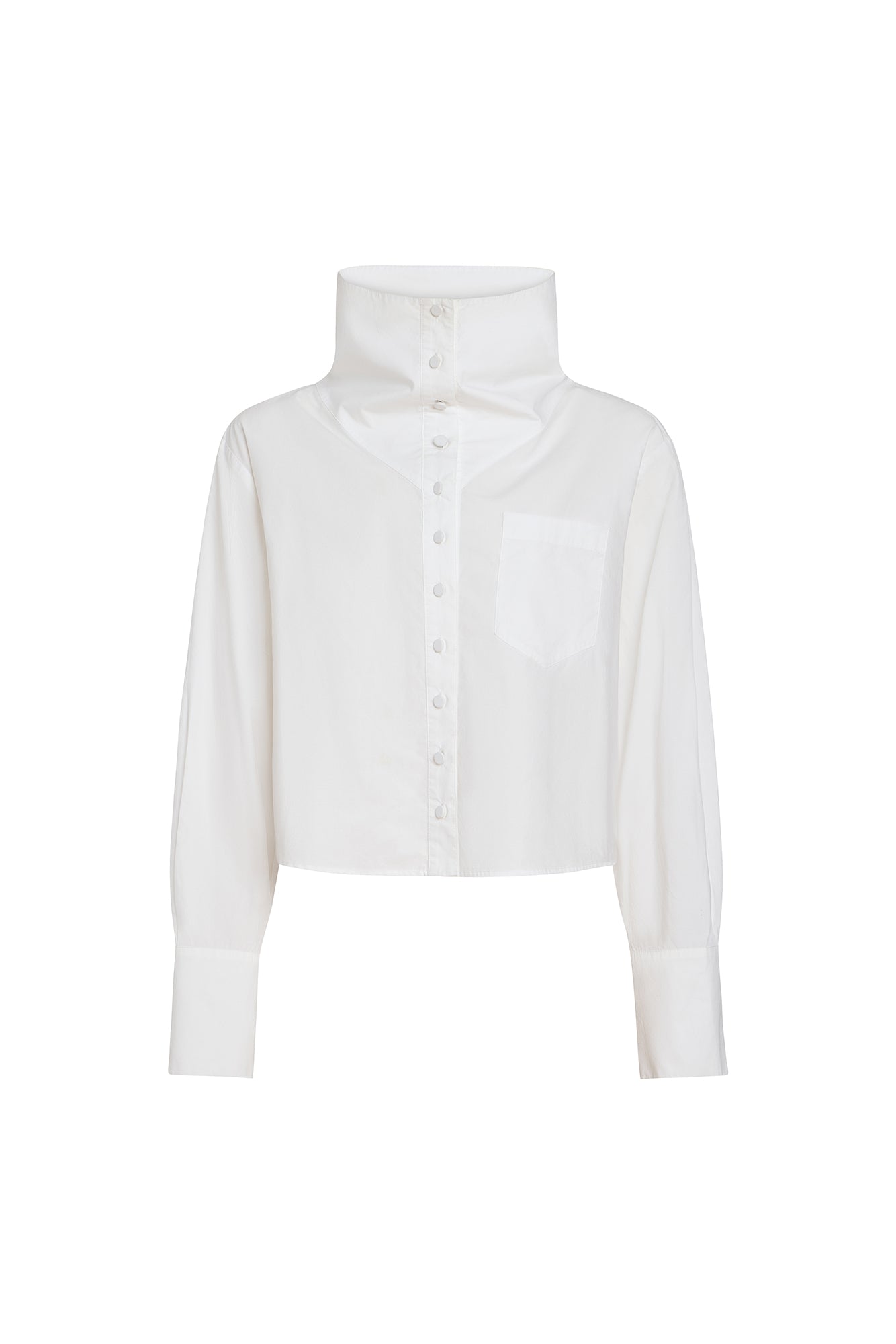 A white long-sleeve cropped button-up shirt with a high folded collar, shown flat against a solid white background.