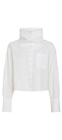 A white long-sleeve cropped button-up shirt with a high folded collar, shown flat against a solid white background.
